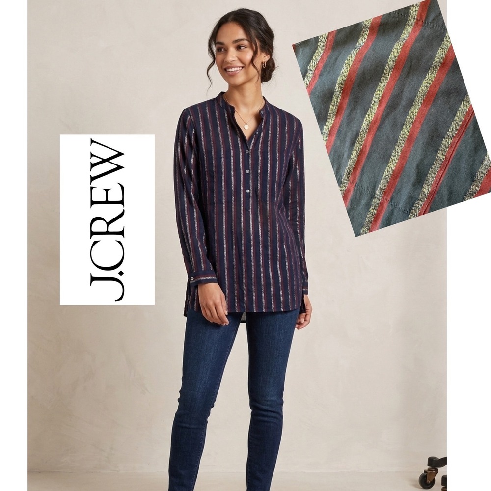 J.Crew Metallic Stripe Popover Tunic Top Navy Blue Burgundy Silver Size‎ 6 NEW
